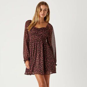 Lulus (NWT) Perfect Afternoon Brown Floral Chiffon Skater Mini Dress Size Small